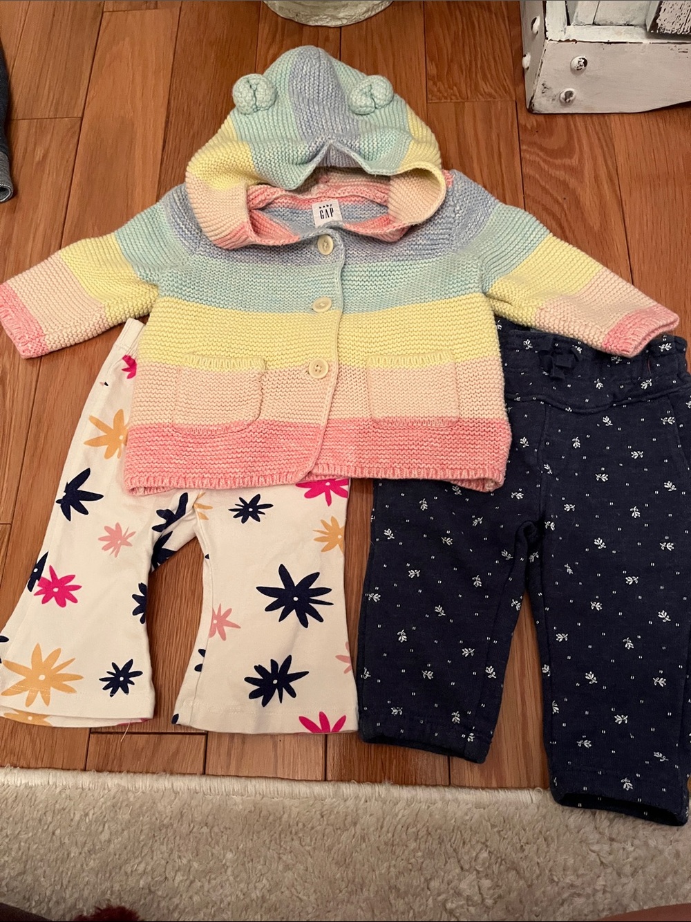 GAP Pastel Rainbow Hooded Knit Cardigan with Ears, Joggers & Flare Leggings 3-6